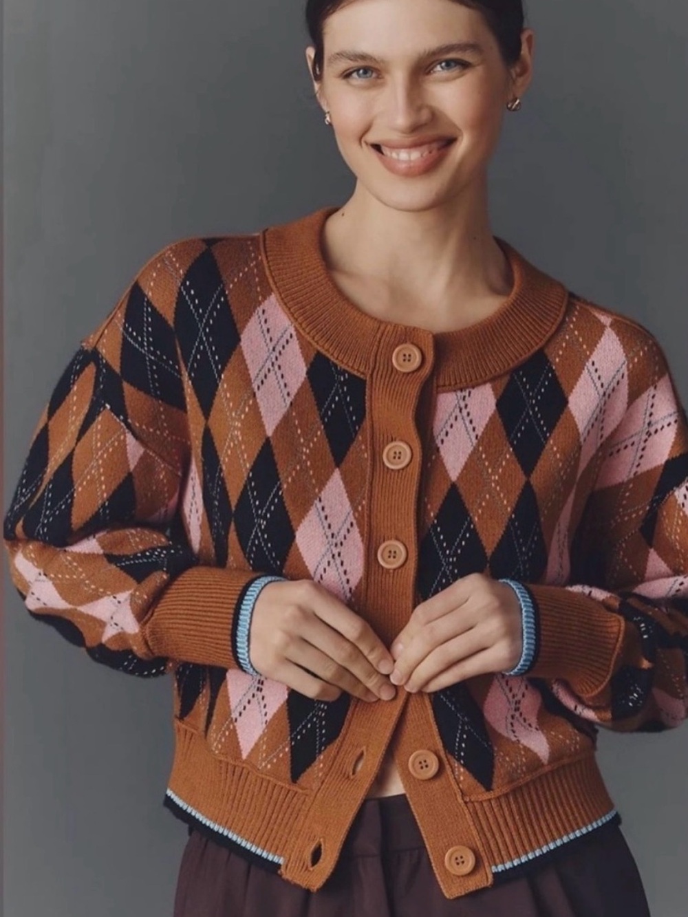 Maeve Brown Black Pink Argyle Cardigan Sweater